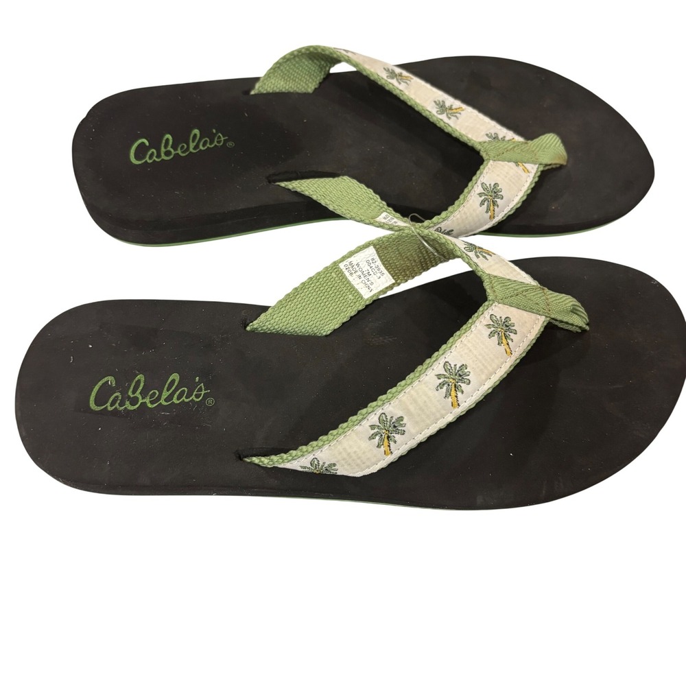 Cabelas Womens 7M Palm Tree Flip Flop Sandals Green Black 82-3935